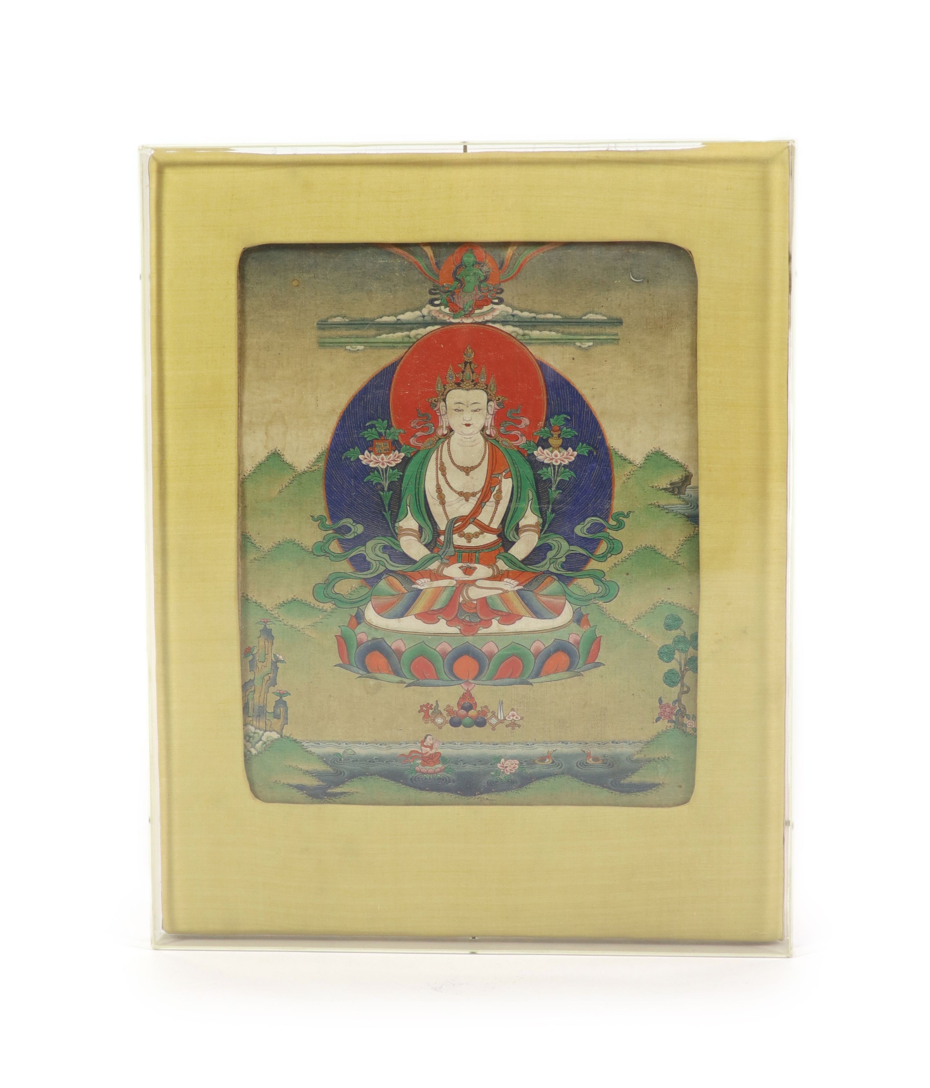 A Tibetan painted thangka depicting White Tara, 19th century, 32.5cm x 26.5cm, laid on fabric and mounted